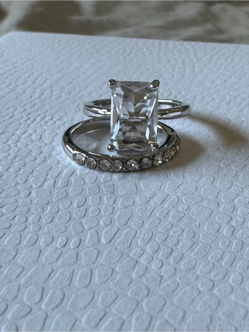 Silver-Toned Crystal Solitaire & Pavé Band Ring Set - Size 7! NEW!